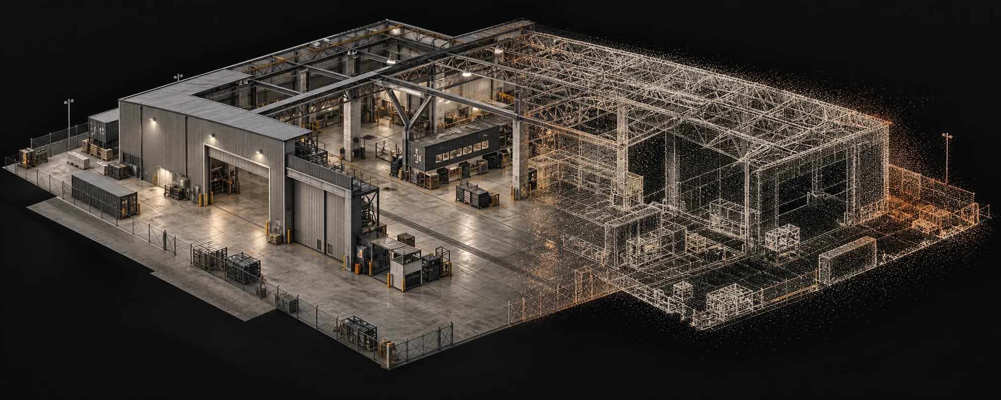 Concept illustration of an industrial hangar transitioning from a solid structure into a detailed point cloud.